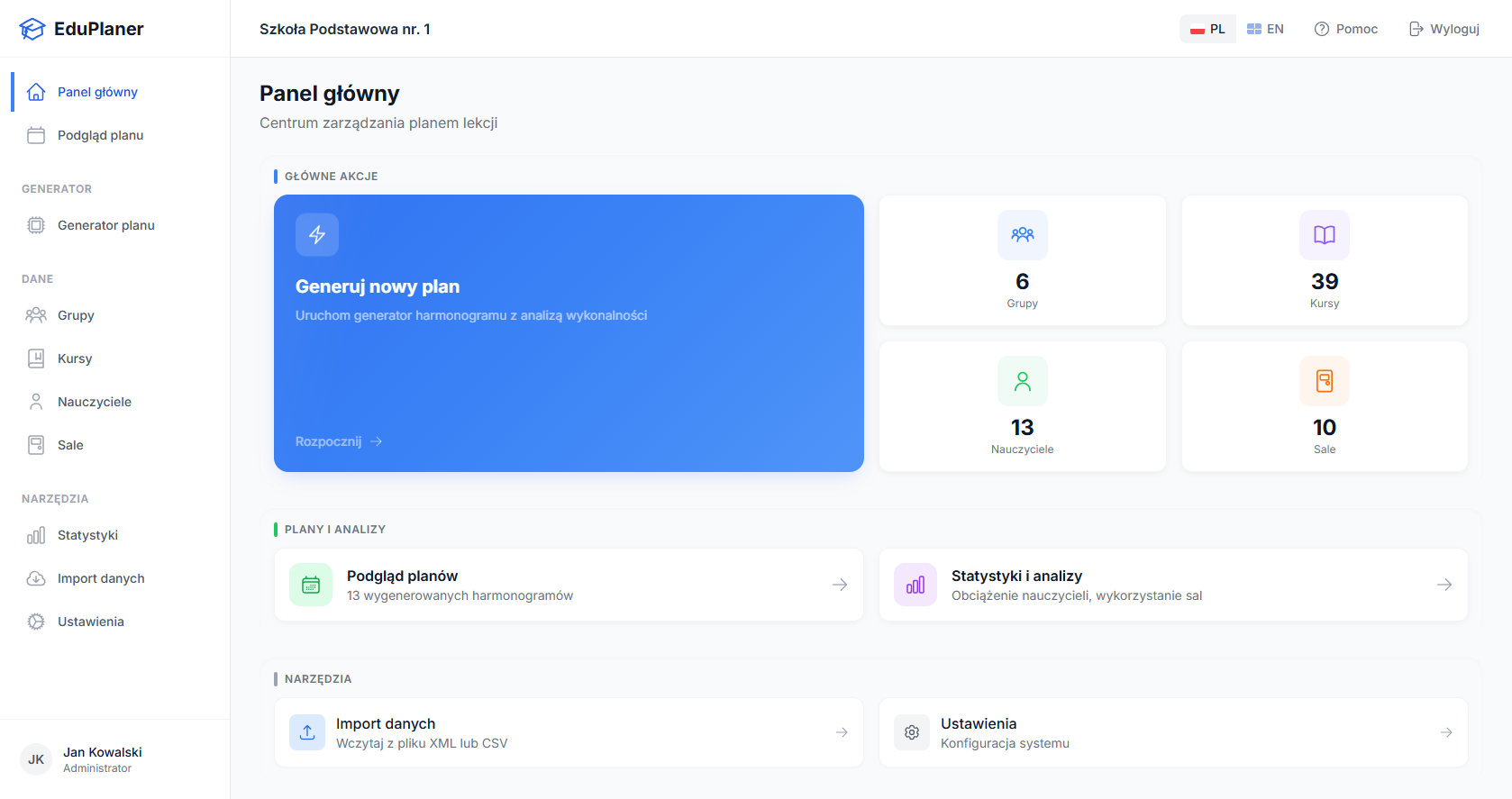 EduPlaner main dashboard showing quick actions and overview