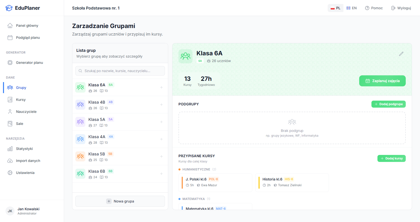 EduPlaner statistics and reports view